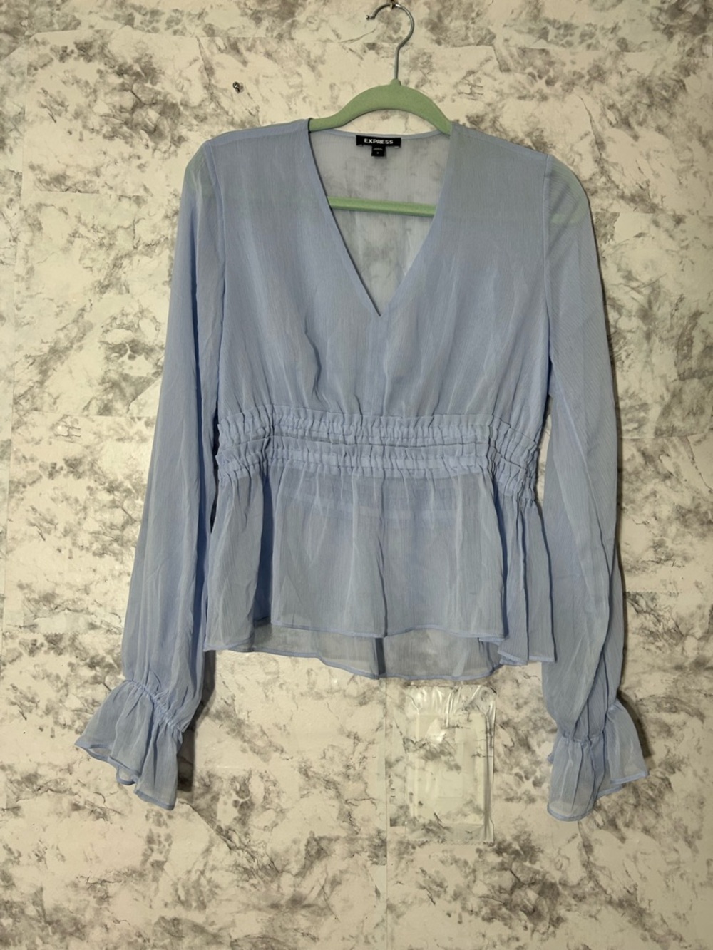 Express Pale Blue V-Neck Smocked Peplum Blouse.  55